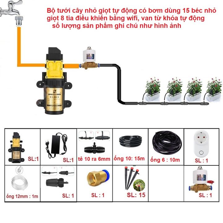 Bộ tưới nhỏ giọt tự động có bơm 15 đầu tưới dùng wifi