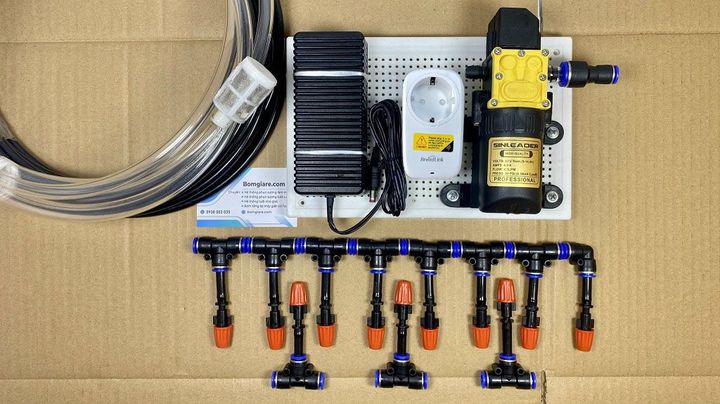 Combo phun sương tưới cây điều khiển từ xa 15 béc 1 hướng nhựa