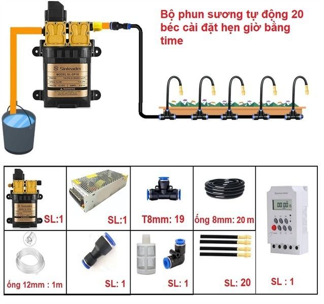 Bộ phun sương tưới cây tự động 20 béc uốn cong bơm đôi 96w time