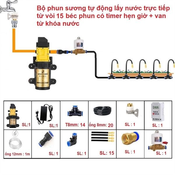 Bộ tưới tự động 15 béc uốn cong bằng time van từ bơm 60w