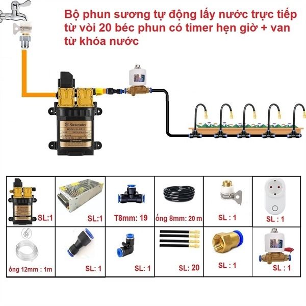 Bộ phun sương tự động 20 béc uốn cong bơm 96W wifi van từ ren 21 ra 12mm