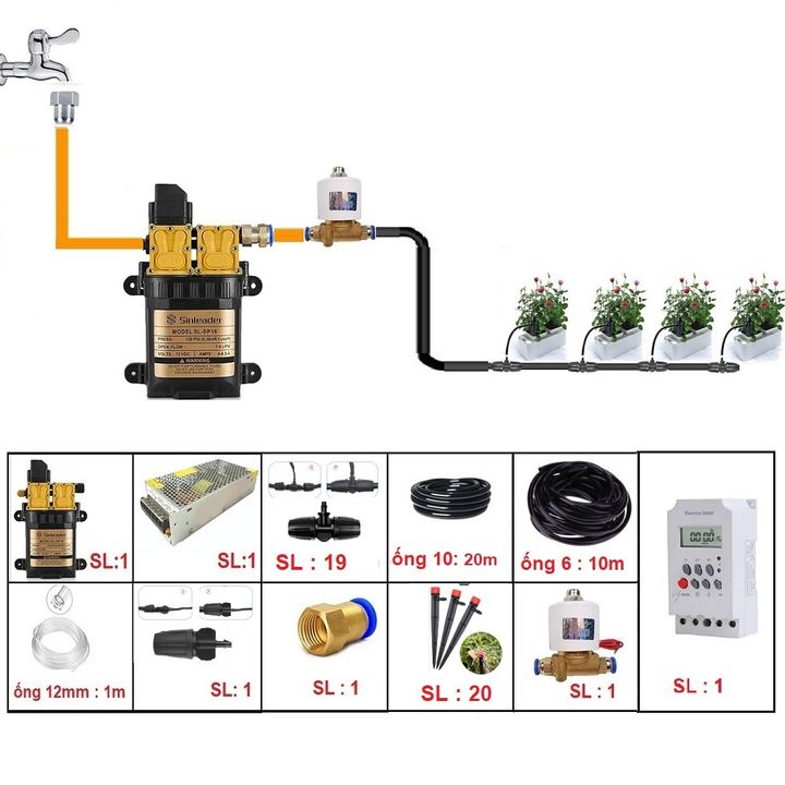 Bộ tưới nhỏ giọt tự động có bơm đôi dùng timer hẹn giờ 20 đầu tưới