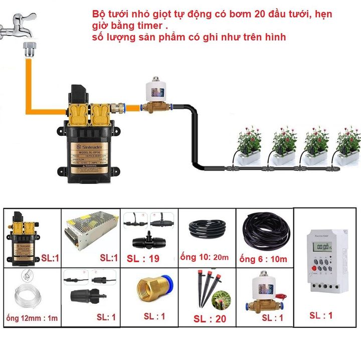 Bộ tưới nhỏ giọt tự động có bơm đôi dùng timer hẹn giờ 20 đầu tưới