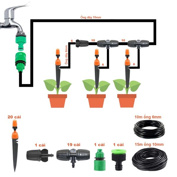 Bộ kít tưới phun nhỏ giọt 20 béc tưới có chân cắm