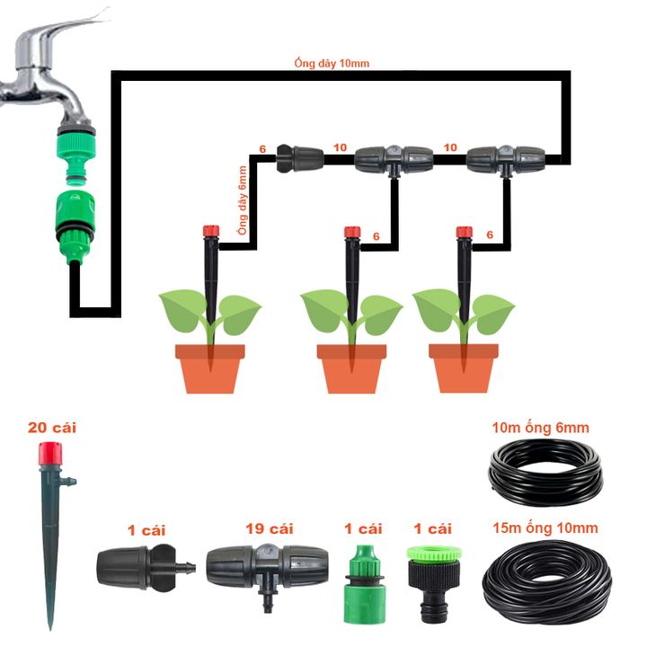 Bộ kít tưới nhỏ giọt 20 béc tưới 8 tia có chân cắm