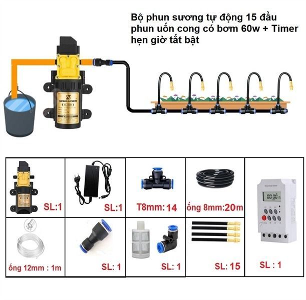 Bộ phun sương tự động tưới cây 15 béc uốn cong bơm 60w time hẹn giờ