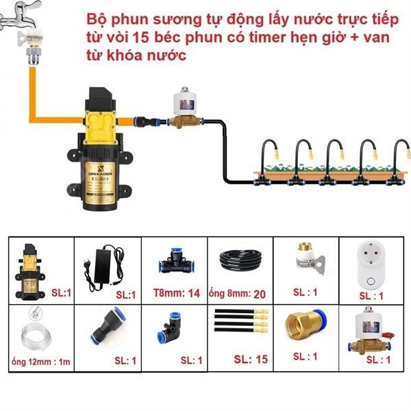 Bộ tưới tự động 15 béc uốn cong bằng wifi van từ bơm 60w