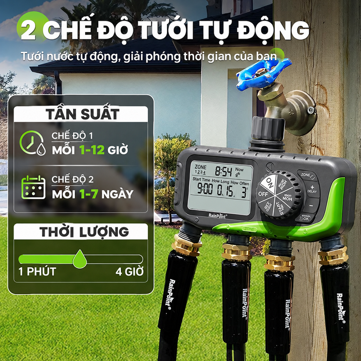 Bộ tưới nhỏ giọt hoặc phun sương tự động 80 béc dùng van nước hẹn giờ RainPoint ITV447