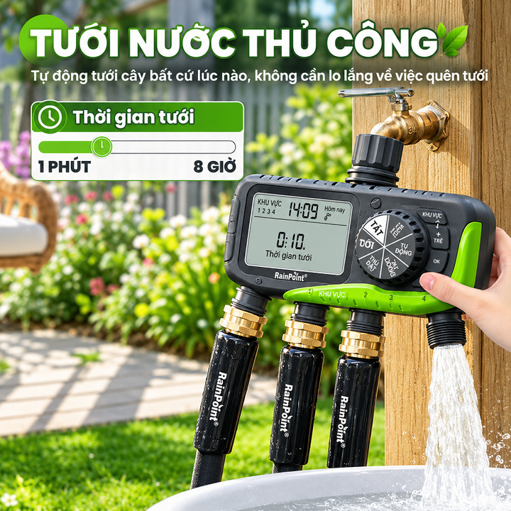 Bộ tưới nhỏ giọt hoặc phun sương tự động 80 béc dùng van nước hẹn giờ RainPoint ITV447