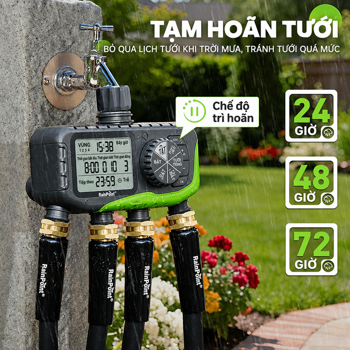 Bộ tưới nhỏ giọt hoặc phun sương tự động 80 béc dùng van nước hẹn giờ RainPoint ITV447