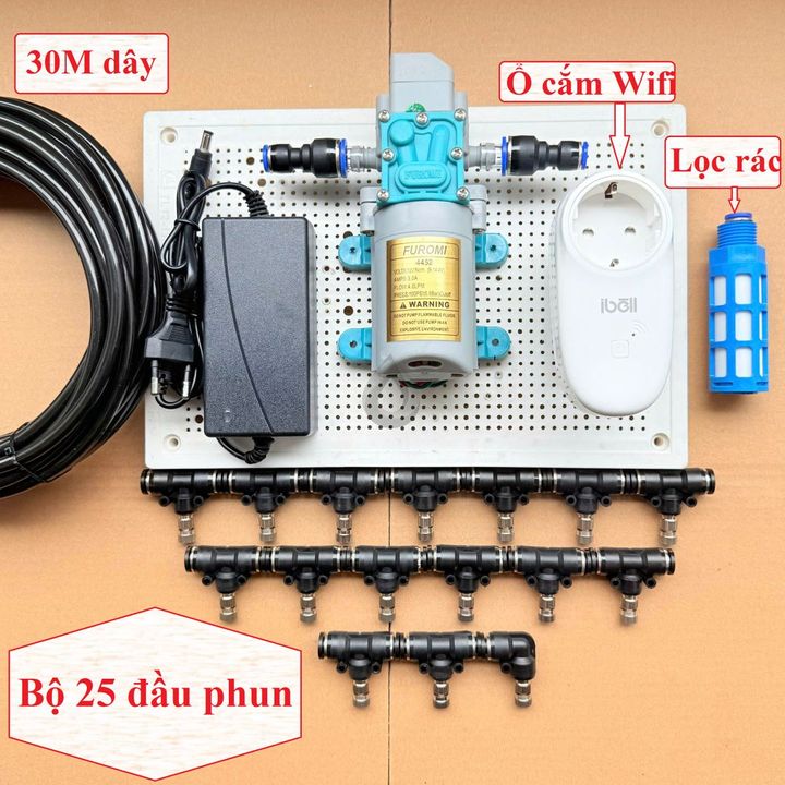 Combo bộ phun sương tự động điều khiển từ xa 25 béc bơm OM1521 + ổ wifi
