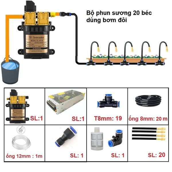 Bộ phun sương tưới cây 20 béc uốn cong dùng bơm đôi 96w